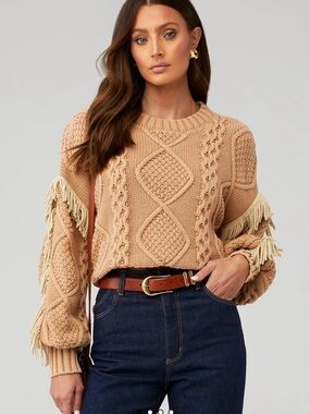 Line & Dot Beige Fringe Cable Knit Crew Sweater